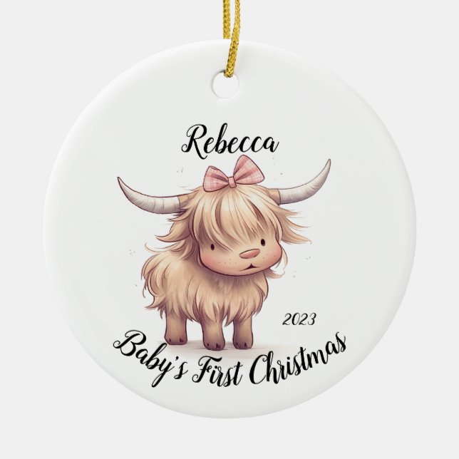 Highland Cow Baby's First Christmas Ornament (Front)