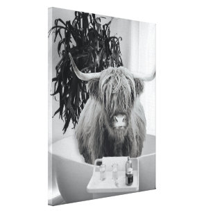 Highland cow Bathtub Black White Bathroom  Canvas Print