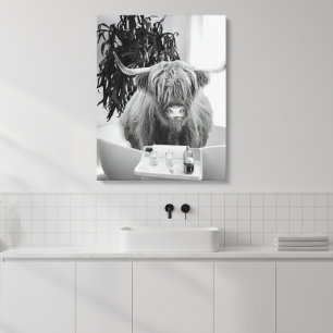 Highland cow Bathtub Black White Bathroom  Canvas Print