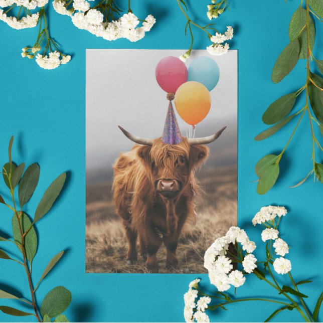 Highland Cow Birthday  Balloons Card (Creator Uploaded)