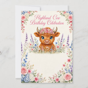 Highland Cow Birthday Celebration Floral Invitation