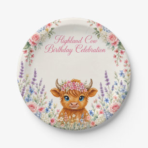 Highland Cow Birthday Celebration Floral Paper Plate
