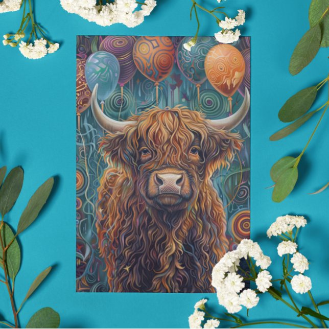 Highland Cow Birthday Whimsical  Balloons Card (Creator Uploaded)