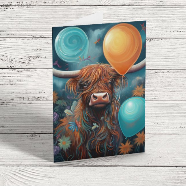 Highland Cow Birthday Whimsical  Balloons Card (Creator Uploaded)