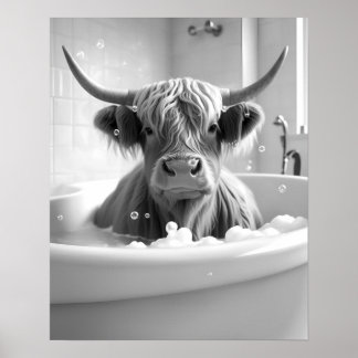 Highland Cow Black and White Bathroom Picture Poster