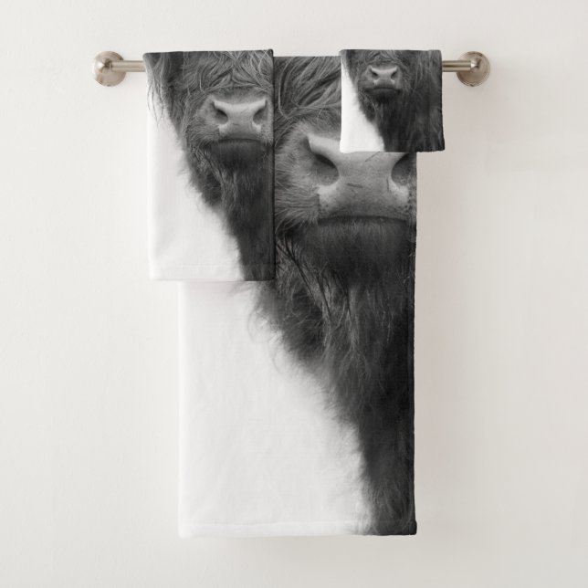 Highland Cow Black & White #4 Bath Towel Set (Insitu)