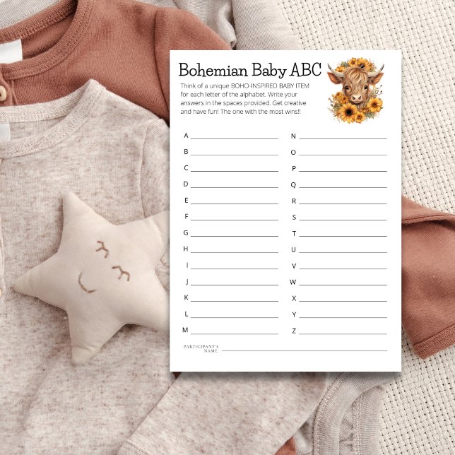 Highland Cow Boho Baby ABC Shower Game Card (Creator Uploaded)
