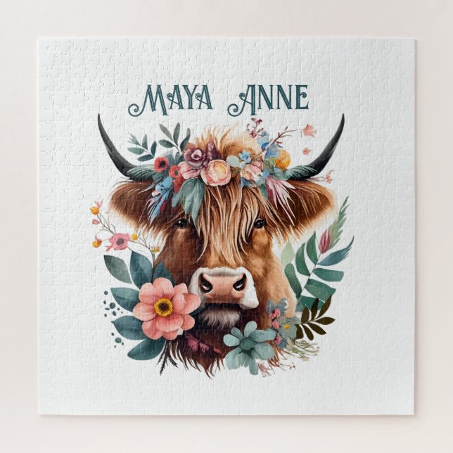 Highland Cow Boho Floral Watercolor Jigsaw Puzzle (Vertical)