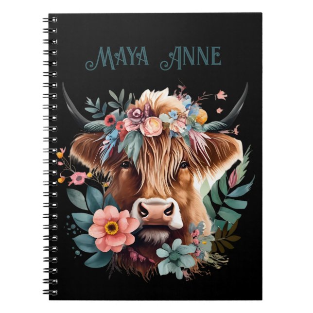 Highland Cow Boho Floral Watercolor Notebook (Front)