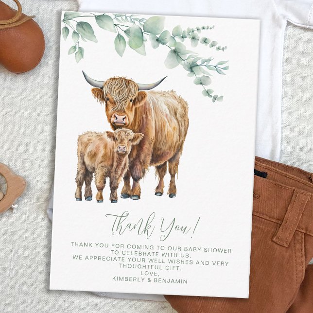 Highland Cow Boho Greenery Baby Shower Thank You Card (Creator Uploaded)