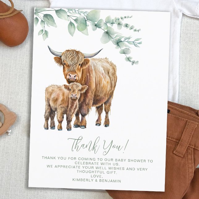 Highland Cow Boho Greenery Baby Shower Thank You Postcard (Creator Uploaded)