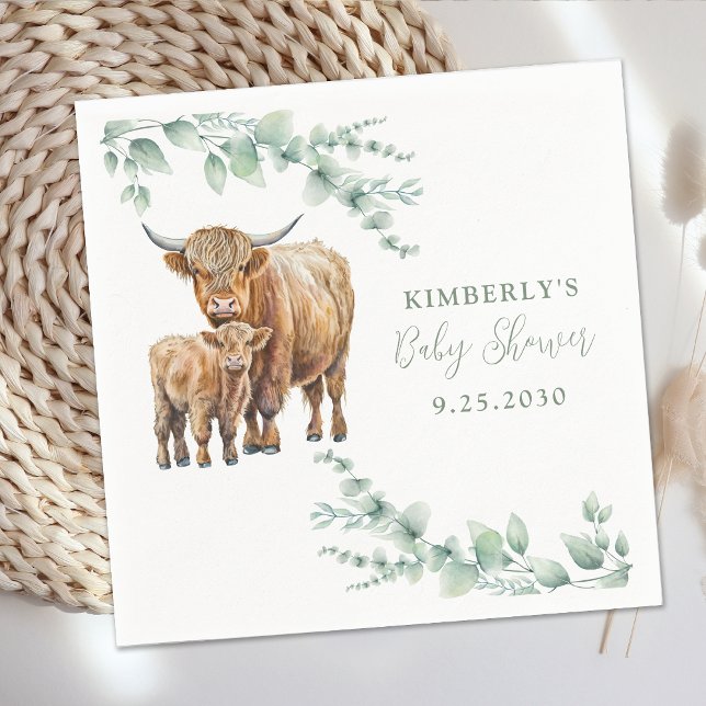 Highland Cow Boho Greenery Eucalyptus Baby Shower Napkin (Creator Uploaded)