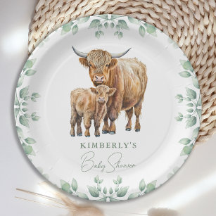 Highland Cow Boho Greenery Farm Animal Baby Shower Paper Plate