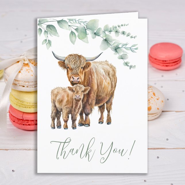 Highland Cow Boho Greenery Farm Animal Baby Shower Thank You Card (Creator Uploaded)