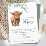Highland Cow BohoGreenery Farm Animal 1st Birthday Invitation<br><div class="desc">Invite your friends and family to celebrate your childs birthday with this adorable highland calf and eucalyptus greenery 1st birthday invitations, party accessories and gifts . This cow birthday invitation features a hand-painted watercolor highland cow, perfect for farm and cow lovers! The design is modern and trendy, with a simple...</div>