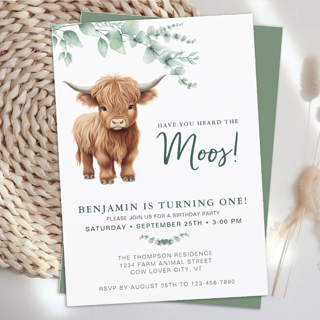 Highland Cow BohoGreenery Farm Animal 1st Birthday Invitation (Creator Uploaded)