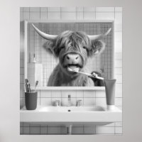 Highland Cow Brushing Teeth Dental Humour Bathroo