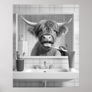  Highland Cow Brushing Teeth Dental Humour Bathroo Poster