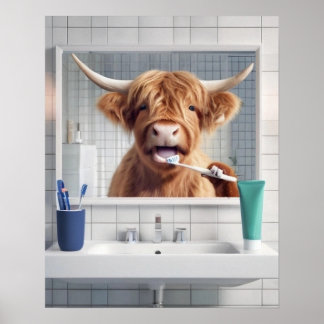  Highland Cow Brushing Teeth Toothbrush Bathroom Poster