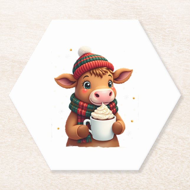 Highland Cow Brushstroke Christmas T-Shirt (4) Paper Coaster (Front)