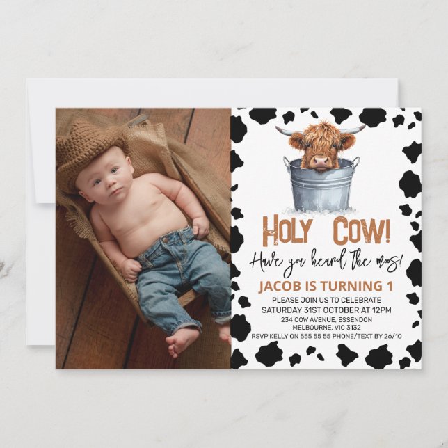 Highland Cow Bucket Cow Print Photo 1st Birthday Invitation (Front)