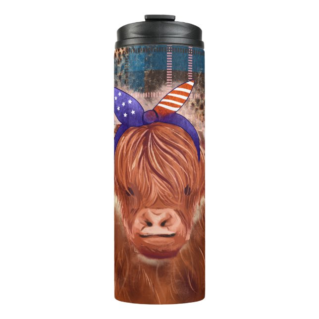 Highland Cow Buffalo Plaid July 4 Independence Day Thermal Tumbler (Front)