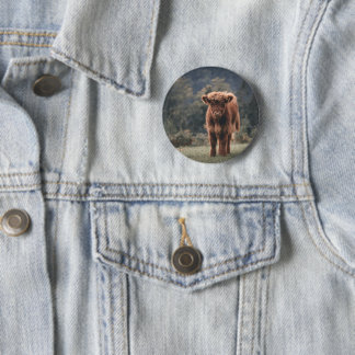 Highland cow calf autumn grass field 6 cm round badge