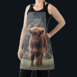 Highland cow calf autumn grass field apron<br><div class="desc">Highland cow calf autumn grass field photograph. Stunning young calf of highland Scottish cattle on an autumn grassy field with muted colours. Beautiful dark hairy orange coat contrasting with light yellow green grass and trees in bokeh in background.</div>