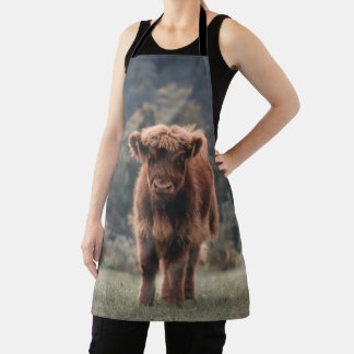 Highland cow calf autumn grass field apron