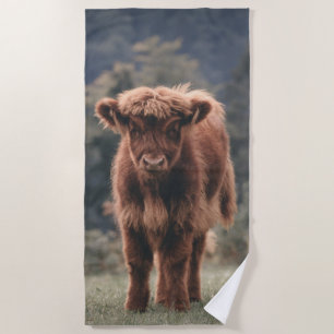 Highland cow calf autumn grass field beach towel