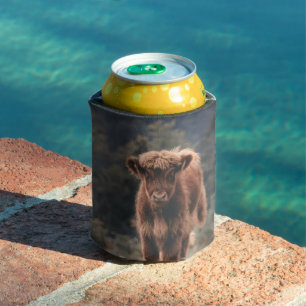 Highland cow calf autumn grass field can cooler