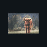 Highland cow calf autumn grass field canvas print<br><div class="desc">Highland cow calf autumn grass field photograph. Stunning young calf of highland Scottish cattle on an autumn grassy field with muted colours. Beautiful dark hairy orange coat contrasting with light yellow green grass and trees in bokeh in background.</div>