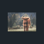 Highland cow calf autumn grass field canvas print<br><div class="desc">Highland cow calf autumn grass field photograph. Stunning young calf of highland Scottish cattle on an autumn grassy field with muted colours. Beautiful dark hairy orange coat contrasting with light yellow green grass and trees in bokeh in background.</div>