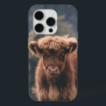 Highland cow calf autumn grass field iPhone 15 pro case<br><div class="desc">Highland cow calf autumn grass field photograph. Stunning young calf of highland Scottish cattle on an autumn grassy field with muted colours. Beautiful dark hairy orange coat contrasting with light yellow green grass and trees in bokeh in background.</div>
