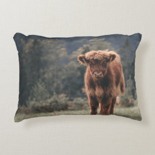 Highland cow calf autumn grass field decorative cushion
