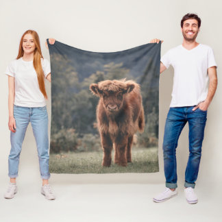 Highland cow calf autumn grass field fleece blanket