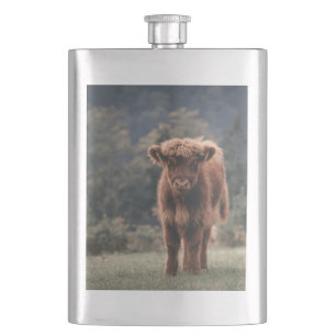 Highland cow calf autumn grass field hip flask