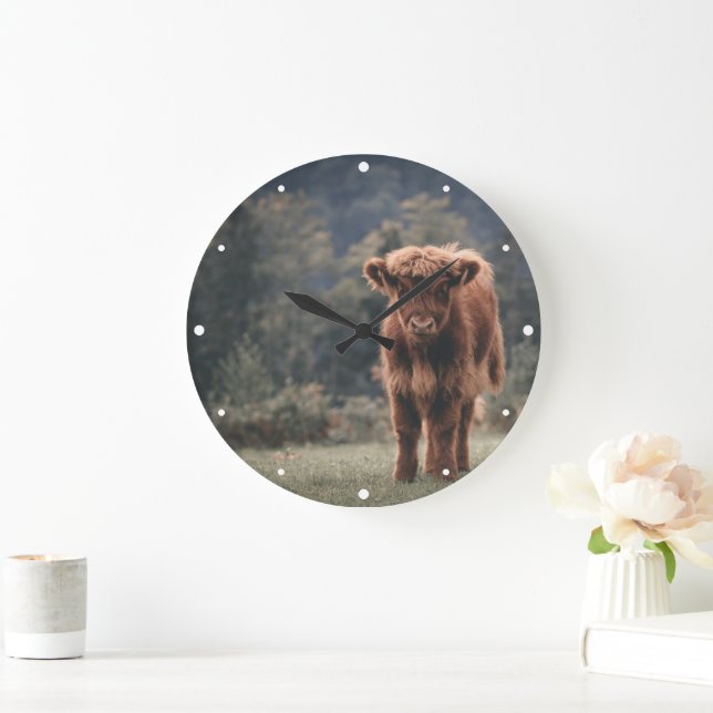 Highland cow calf autumn grass field large clock (Home)