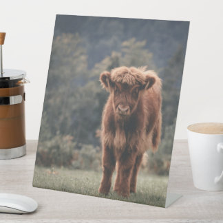Highland cow calf autumn grass field pedestal sign