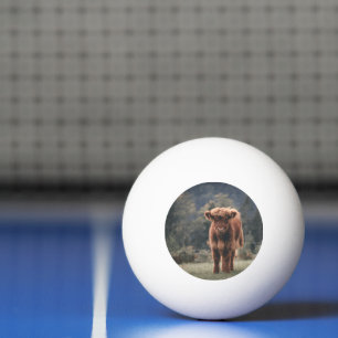 Highland cow calf autumn grass field ping pong ball