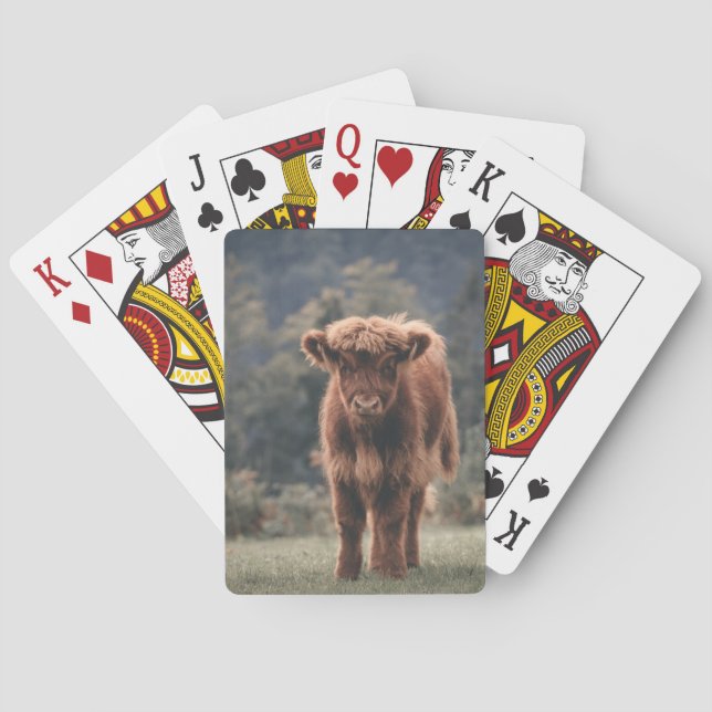 Highland cow calf autumn grass field playing cards (Back)