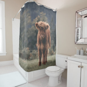 Highland cow calf autumn grass field shower curtain