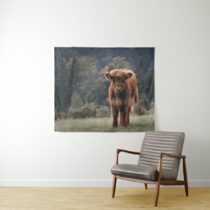Highland cow calf autumn grass field tapestry