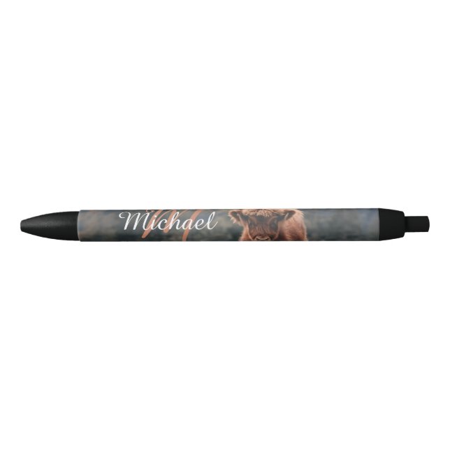 Highland cow calf autumn grass monogram initial black ink pen (Front)