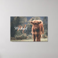 Highland cow calf autumn grass monogram initial