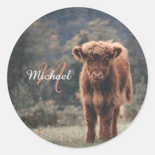 Highland cow calf autumn grass monogram initial classic round sticker