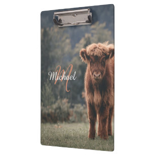 Highland cow calf autumn grass monogram initial clipboard