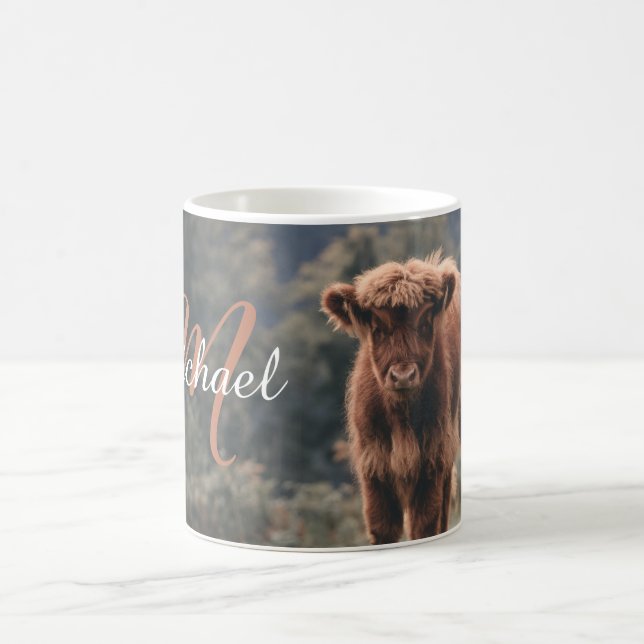 Highland cow calf autumn grass monogram initial coffee mug (Center)