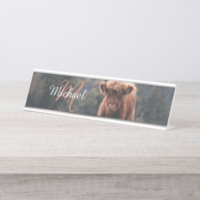 Highland cow calf autumn grass monogram initial desk name plate (Front)