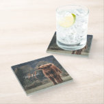 Highland cow calf autumn grass monogram initial glass coaster<br><div class="desc">Highland cow calf autumn grass field photograph. Stunning young calf of highland scottish cattle on an autumn grassy field with muted colours. Beautiful dark hairy orange coat contrasting with light yellow green grass and trees in bokeh in background. Custom personalizable monogram with your name and inital on the left.</div>
